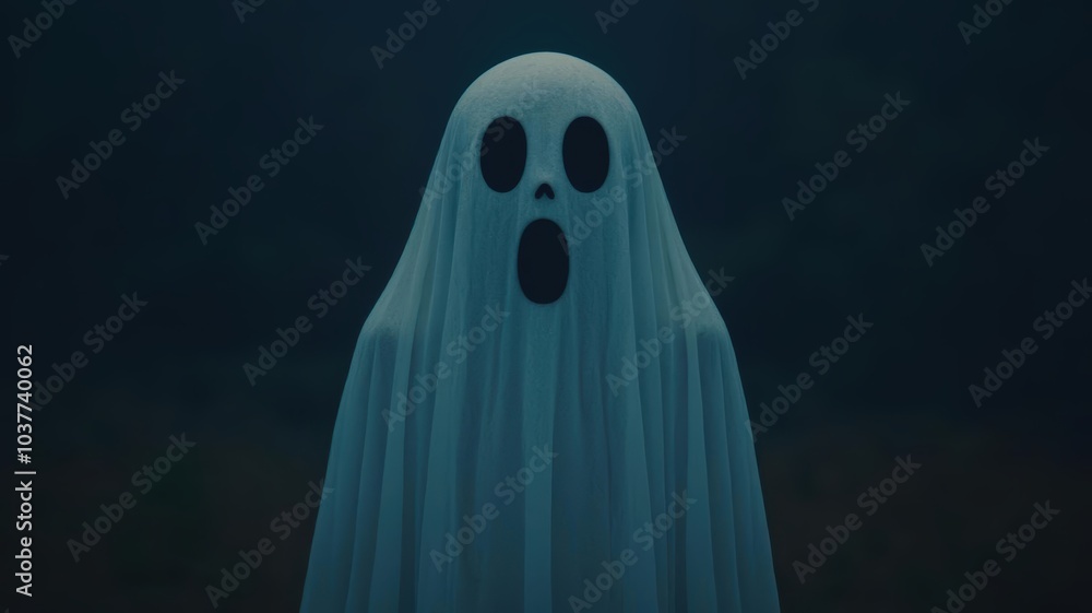 Ghostly Boo with misty fog, eerie graveyard in background Ghostly Boo with misty fog, eerie graveyard in background