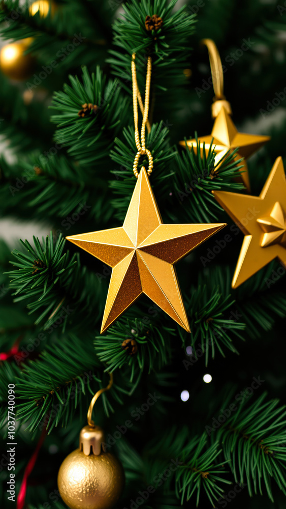 golden star ornaments adorn a christmas tree golden star ornaments adorn a christmas tree