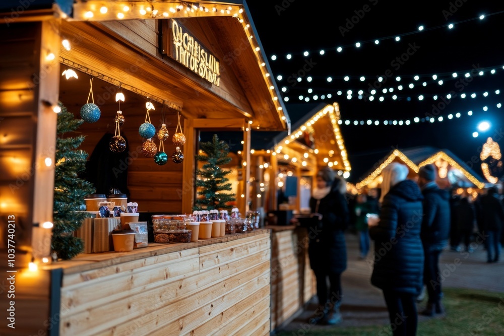 Obraz premium Christmas market stalls selling ornaments, hot cocoa, and festive treats, with twinkling lights overhead and shoppers bundled up in scarves