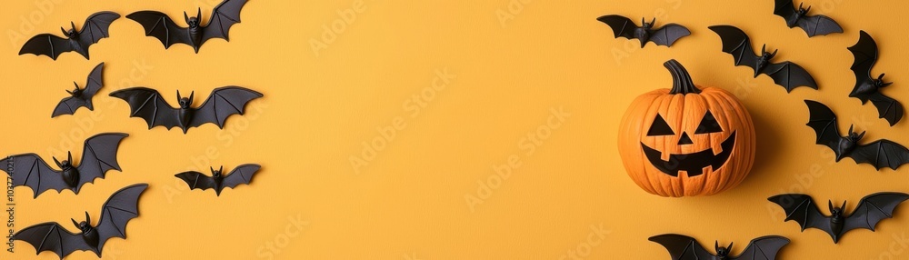 Fototapeta premium Boo with jack-o-lantern face, playful bats flying around, orange background
