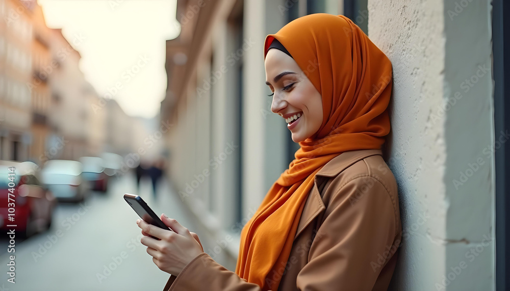 Urban Style, Hijab Woman Smiling While Shopping Online on Her Phone Urban Style, Hijab Woman Smiling While Shopping Online on Her Phone