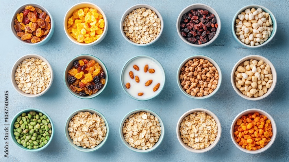 Colorful Bowls of Healthy Snacks on a Blue Background Colorful Bowls of Healthy Snacks on a Blue Background