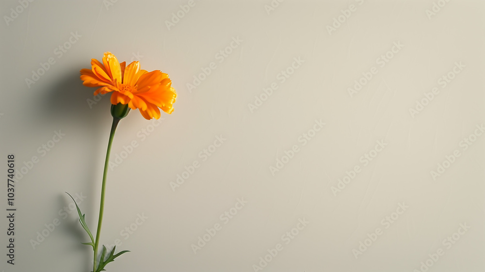 Naklejka premium Orange Marigold on Light Grey Background with Copy Space