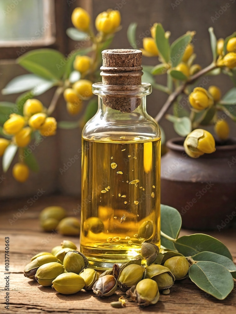 A clear glass bottle filled with golden jojoba oil sits on a rustic wooden table. A clear glass bottle filled with golden jojoba oil sits on a rustic wooden table.