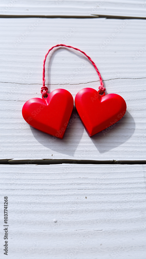 two red heart-shaped ornaments on a white wooden surface two red heart-shaped ornaments on a white wooden surface