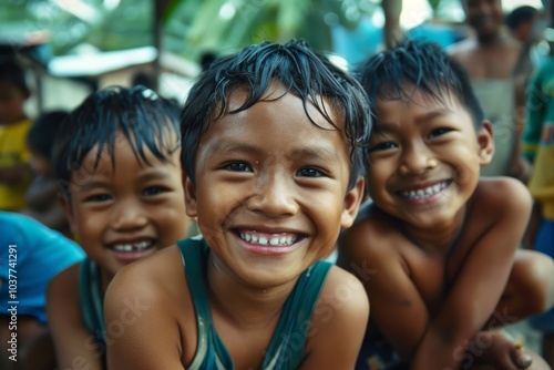 Portrait of a smiling little boy with his friends in the background