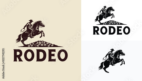A Cowboy Ride a Horse, Bucking Bronco Rodeo with a pile of arabica robusta beans for coffee roasted factory or cafe vintage label logo design