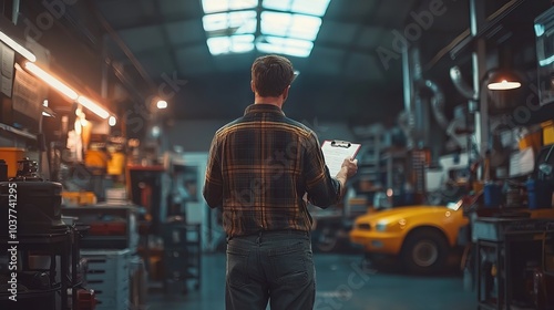 Mechanic inspecting tools and equipment in an organized workshop with a vintage car in the background
