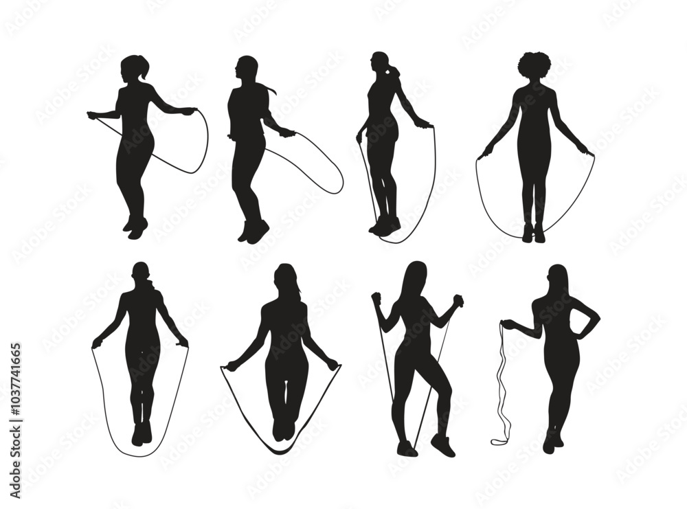 Obraz premium vector silhouette of woman skipping with jump rope 