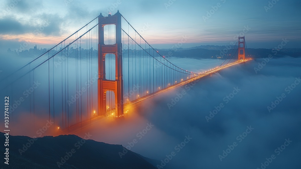Golden Gate Bridge emerging from fog at sunrise. Golden Gate Bridge emerging from fog at sunrise.