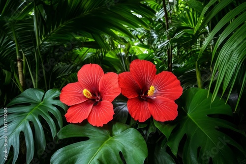 Hibiscus flowers in a tropical rainforest, with deep red petals contrasting against bright green foliage