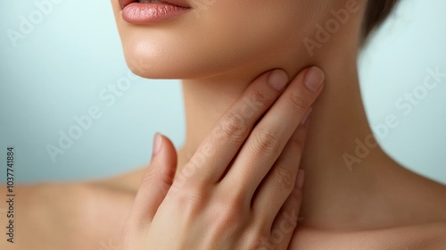 Woman gently touching her sore throat in discomfort