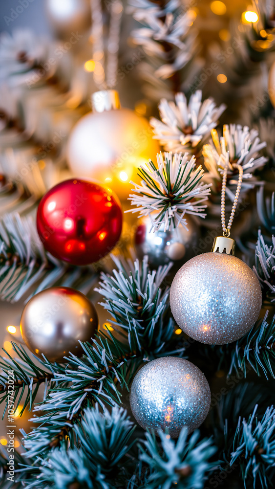 glittery ornament on a decorated evergreen branch glittery ornament on a decorated evergreen branch