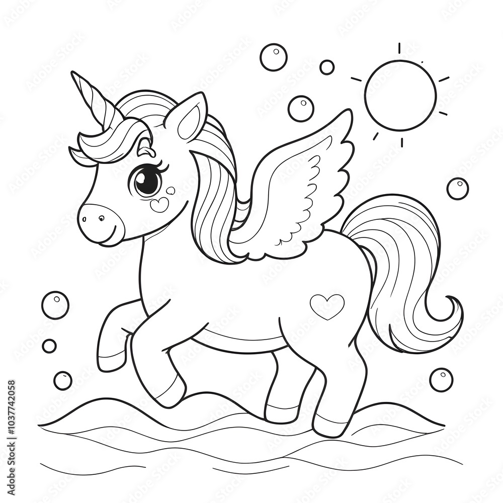 Obraz premium Unicorn with Heart Flying , Wings, and Cute Bird in a Whimsical Coloring Book Scene