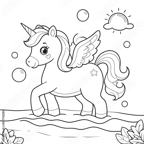 Unicorn with Heart Flying , Wings, and Cute Bird in a Whimsical Coloring Book Scene photo