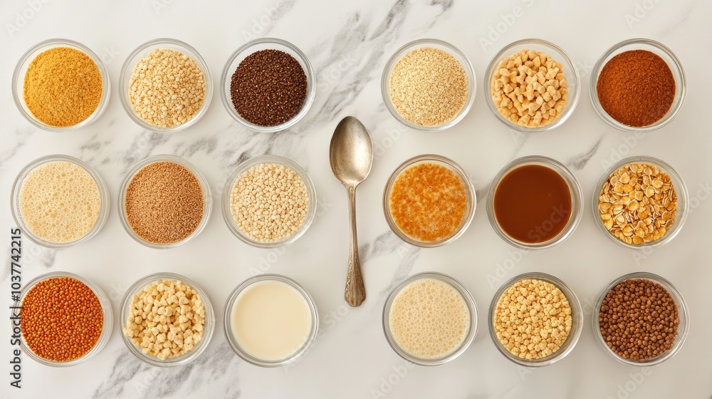 Variety of Spices and Ingredients on Marble Surface Variety of Spices and Ingredients on Marble Surface