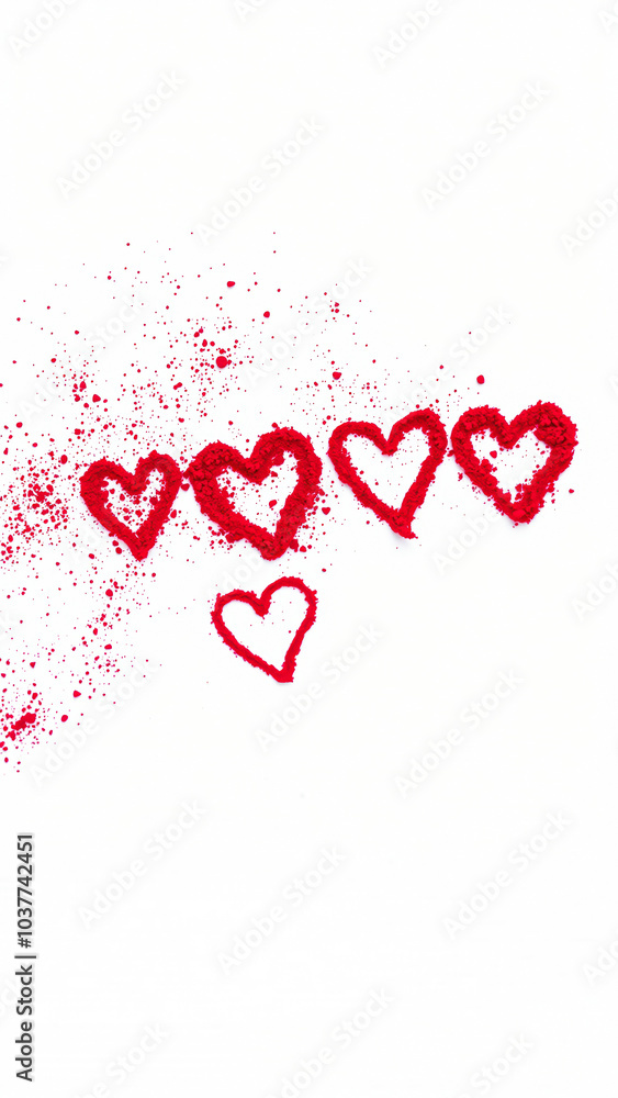 five red powder hearts on a white surface five red powder hearts on a white surface