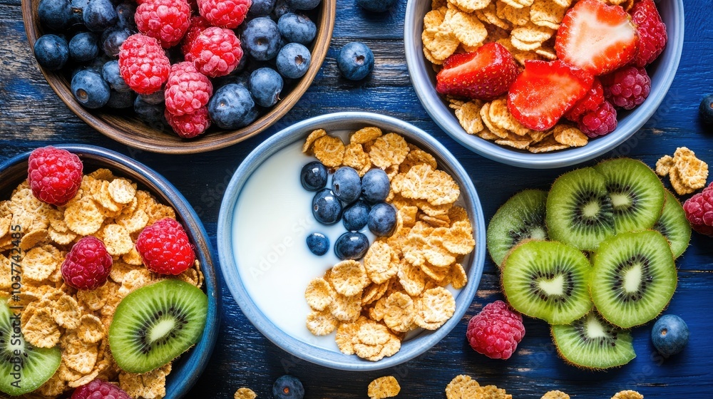 Fototapeta premium Fresh Breakfast Bowls with Berries and Cereal