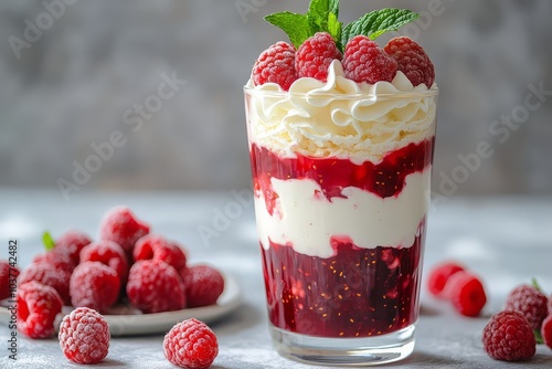 Raspberry dessert with whipped cream and mint photo