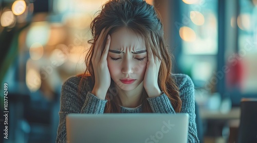 Young woman feeling stressed while working on her laptop in a cafe