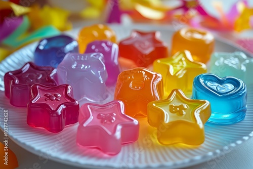 Colorful star-shaped gelatin candies on plate photo