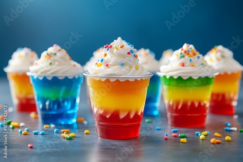 Colorful layered gelatin cups with whipped cream photo