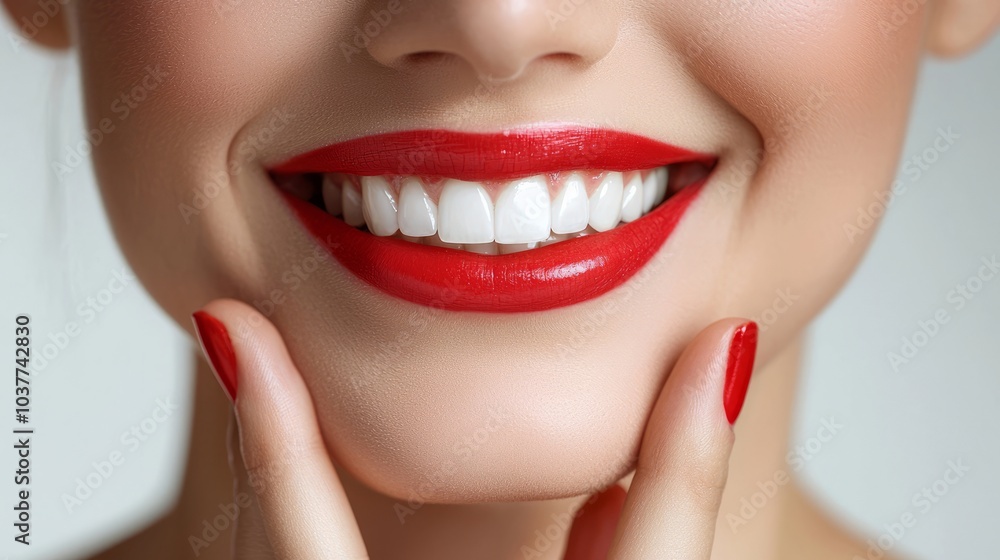 Obraz premium Closeup of a woman's smile with bright red lipstick and white teeth