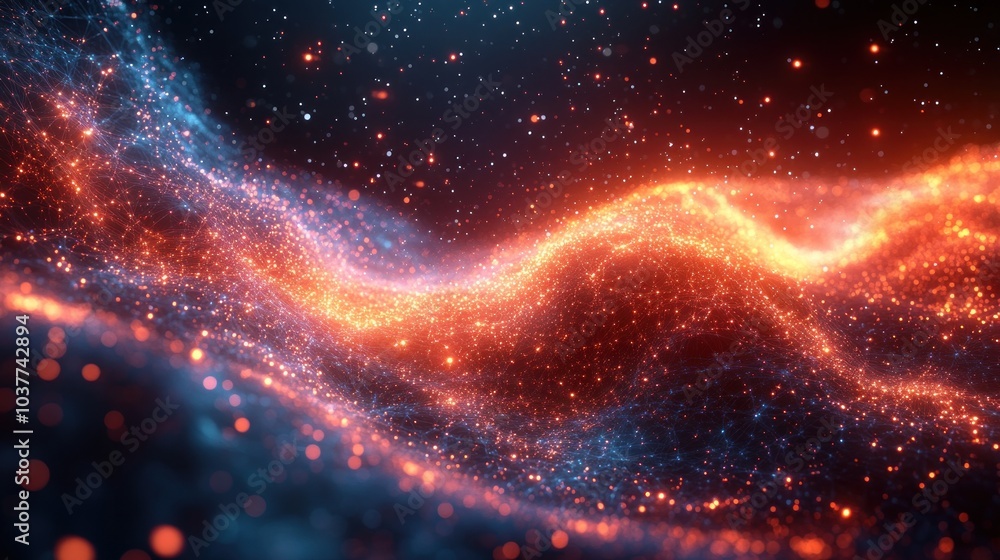 Abstract waves of light and particles in vibrant colors.