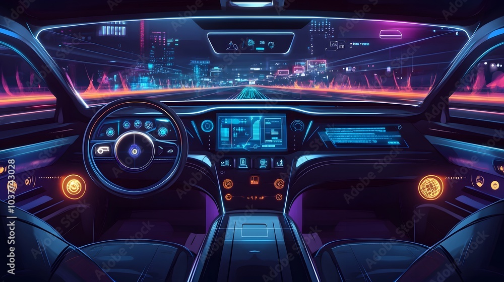 Car interior with Self driving , Auto pilot and internet of thin futuristic . icon illustration . Autonomous car system technology concept . Car interior with Self driving , Auto pilot and internet of thin futuristic . icon illustration . Autonomous car system technology concept .