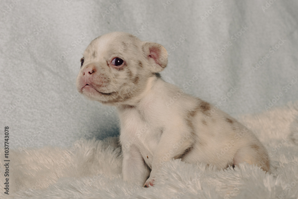 Photo session with portraits of white, brown, and spotted French bulldog puppies. Photo session with portraits of white, brown, and spotted French bulldog puppies.
