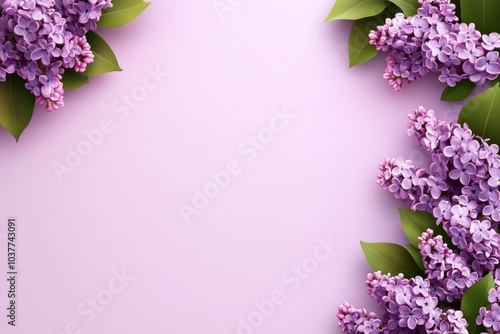 Lilac bush in a retro-style poster, with soft purple flowers and stylized green leaves, framed by a vintage border