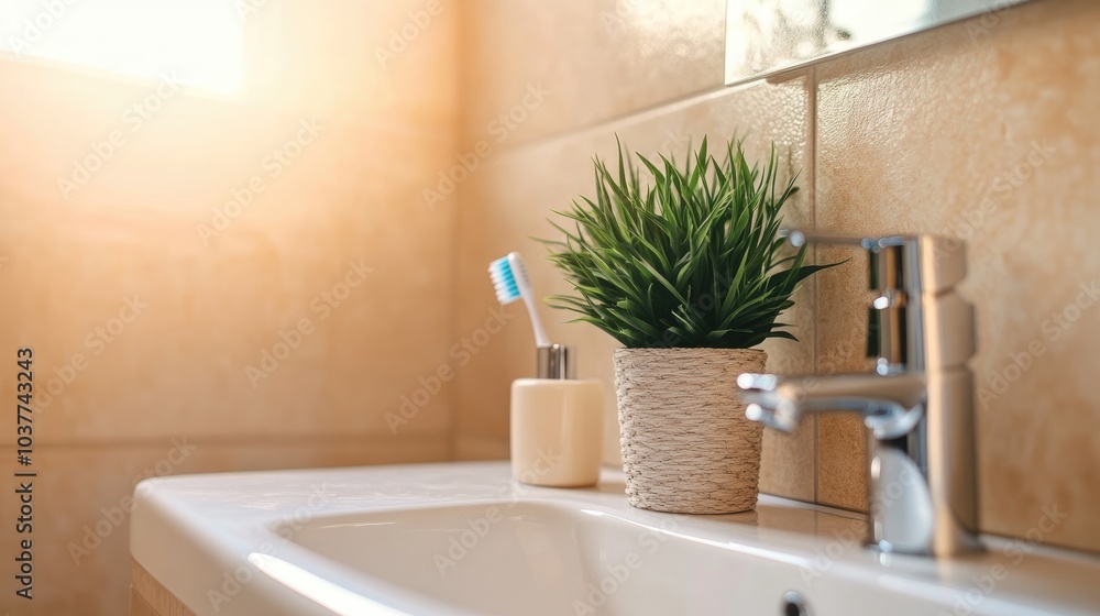 Modern Bathroom Sink with Green Plant and Toothbrush Modern Bathroom Sink with Green Plant and Toothbrush