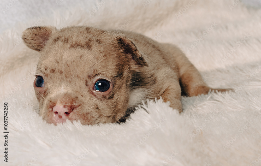 Obraz premium Photo session with portraits of white, brown, and spotted French bulldog puppies.