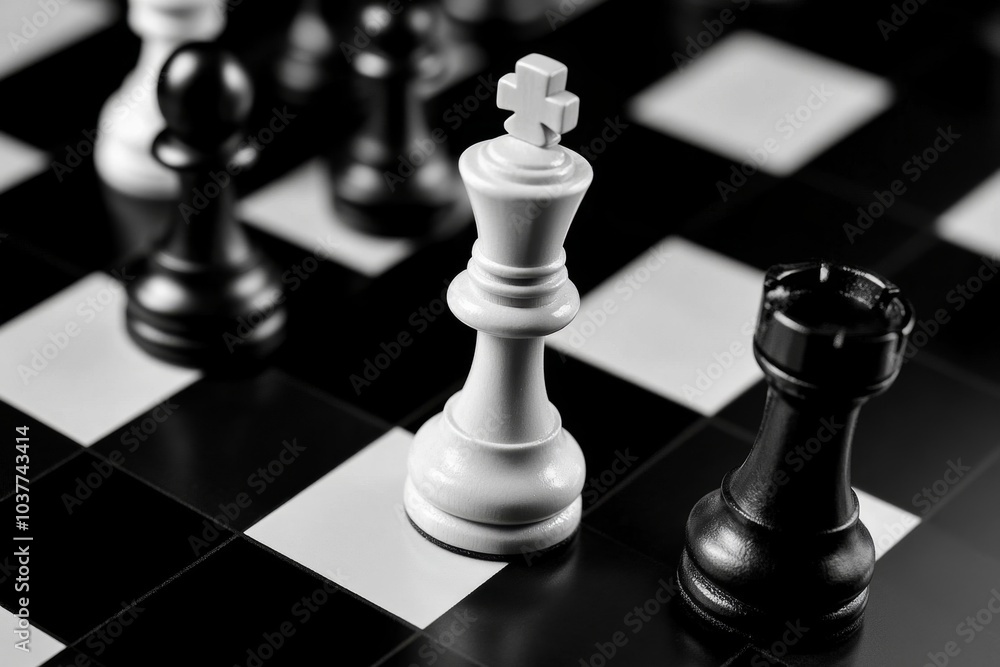 Minimalist chessboard, with only a few key pieces, using bold lines and simple contrasts to evoke strategic tension Minimalist chessboard, with only a few key pieces, using bold lines and simple contrasts to evoke strategic tension