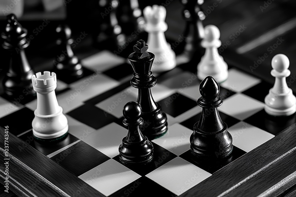 Minimalist chessboard, with only a few key pieces, using bold lines and simple contrasts to evoke strategic tension Minimalist chessboard, with only a few key pieces, using bold lines and simple contrasts to evoke strategic tension