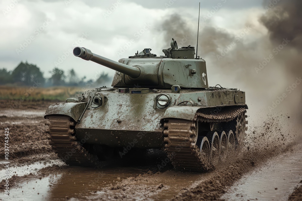 Military tank driving through muddy terrain Military tank driving through muddy terrain