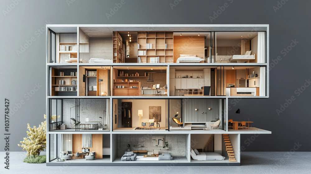 Modern multi-level house interior showcasing stylish design elements and functional spaces Modern multi-level house interior showcasing stylish design elements and functional spaces