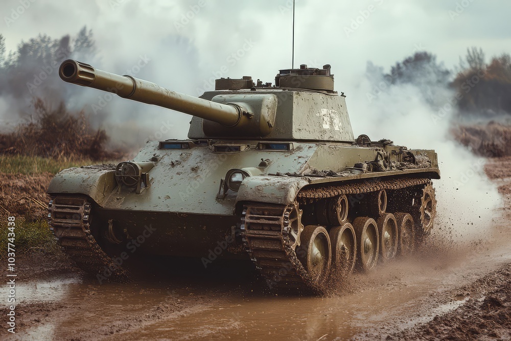 Military tank driving through muddy terrain Military tank driving through muddy terrain