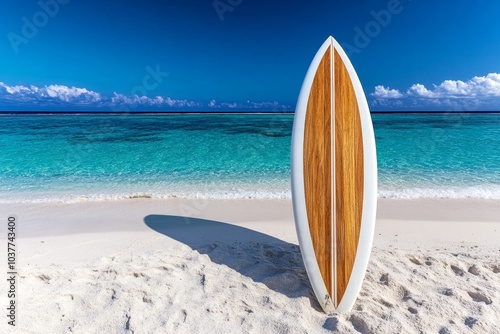 Minimalist beach scene, with a single surfboard leaning against the sand, a calm ocean stretching out under a clear blue sky