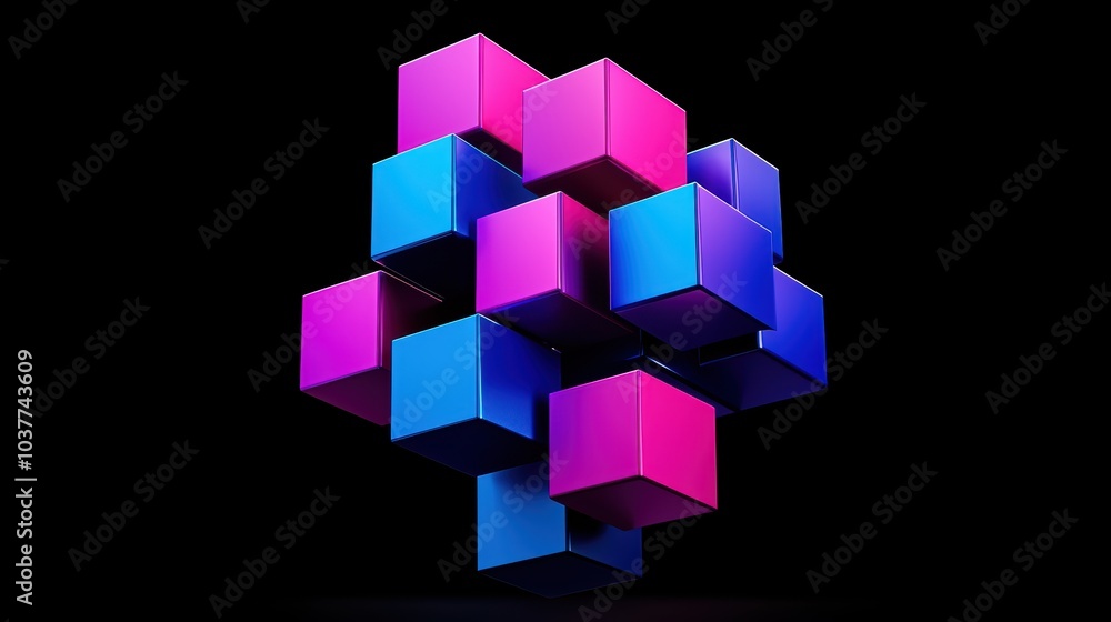 Obraz premium Abstract colorful cubes forming a 3D structure on a black background.