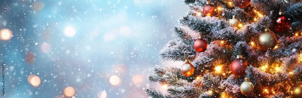 Christmas tree with lights and ornaments on snowy background. Heartwarming festive design. Banner. Christmas tree with lights and ornaments on snowy background. Heartwarming festive design. Banner.