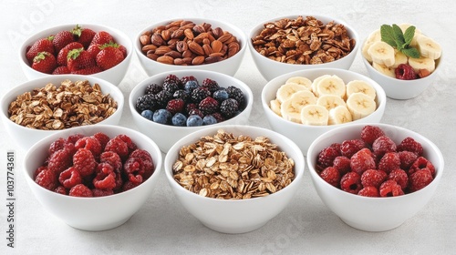 Fresh and Healthy Breakfast Ingredients in Bowls