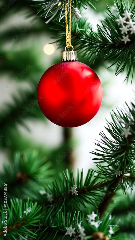 single red ornament hanging on a christmas tree single red ornament hanging on a christmas tree