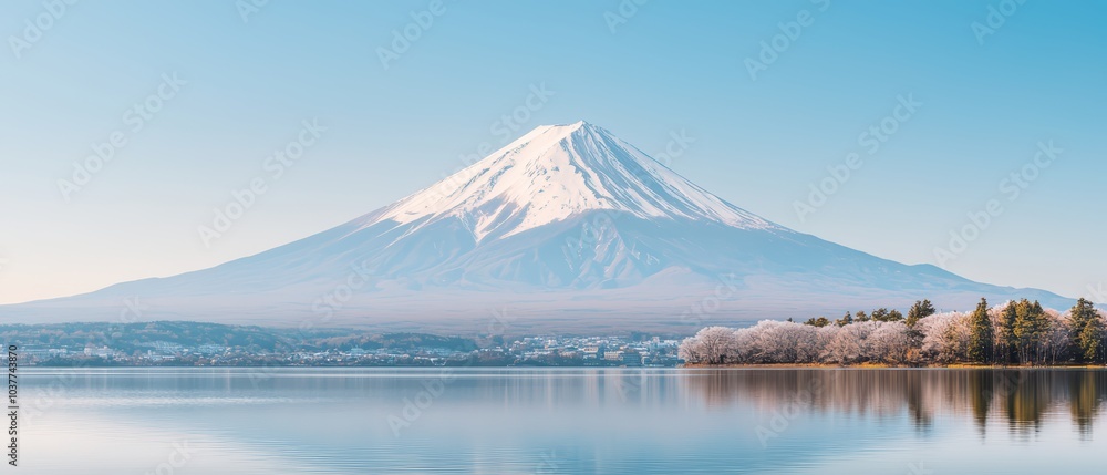 Beautiful mountain reflection on a serene lake under a clear blue sky. Beautiful mountain reflection on a serene lake under a clear blue sky.