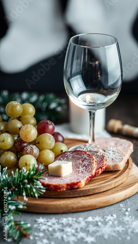 festive meat cheese platter with grapes snowflake decorations