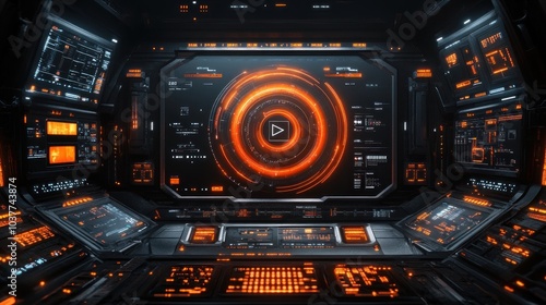 Futuristic control panel with glowing orange elements and interface.