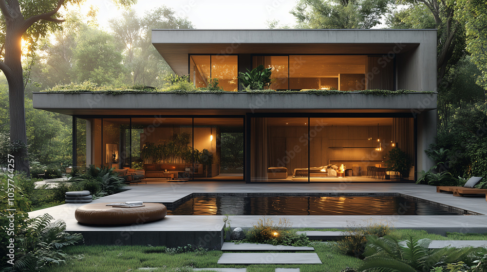 Wooden house in the forest with garden surrounded by trees Modern architecture and summer sky -11 Wooden house in the forest with garden surrounded by trees Modern architecture and summer sky -11