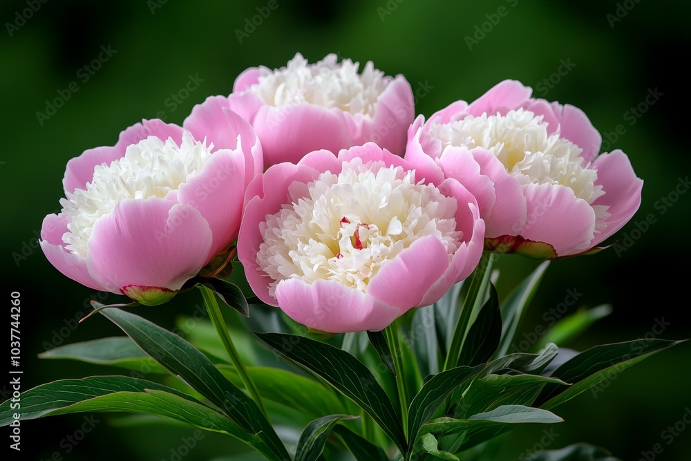 Peony garden in early spring, with soft pink and white flowers just starting to bloom Peony garden in early spring, with soft pink and white flowers just starting to bloom