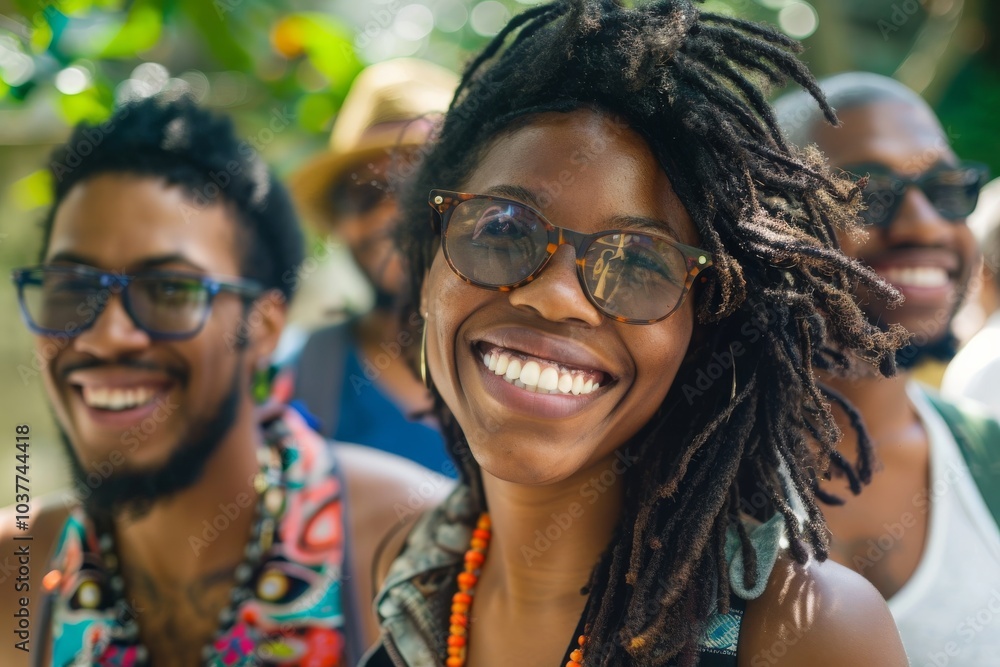 Portrait of happy young african american woman with dreadlocks and friends in the background Portrait of happy young african american woman with dreadlocks and friends in the background