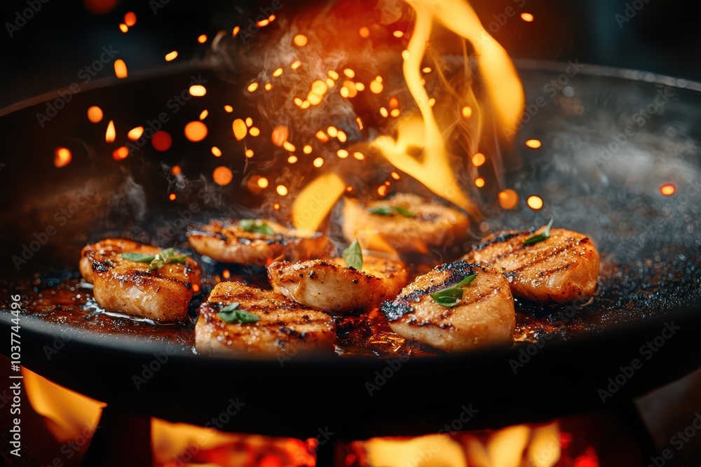 Delicious grilled scallops with herbs, sizzling in a hot pan, creating an appealing culinary spectacle. Delicious grilled scallops with herbs, sizzling in a hot pan, creating an appealing culinary spectacle.